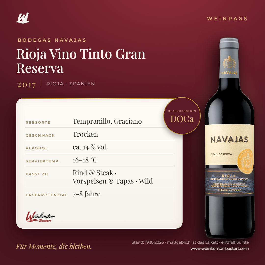 Vino Tinto Gran Reserva Bodegas Navajas DOCa – Rioja – Weinpass | Weinkontor Bastert