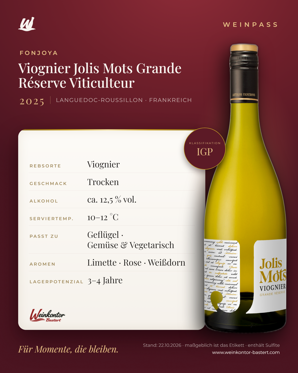 Viognier Jolis Mots Grande Réserve Viticulteur Fonjoya IGP – Languedoc-Roussillon – Weinpass | Weinkontor Bastert
