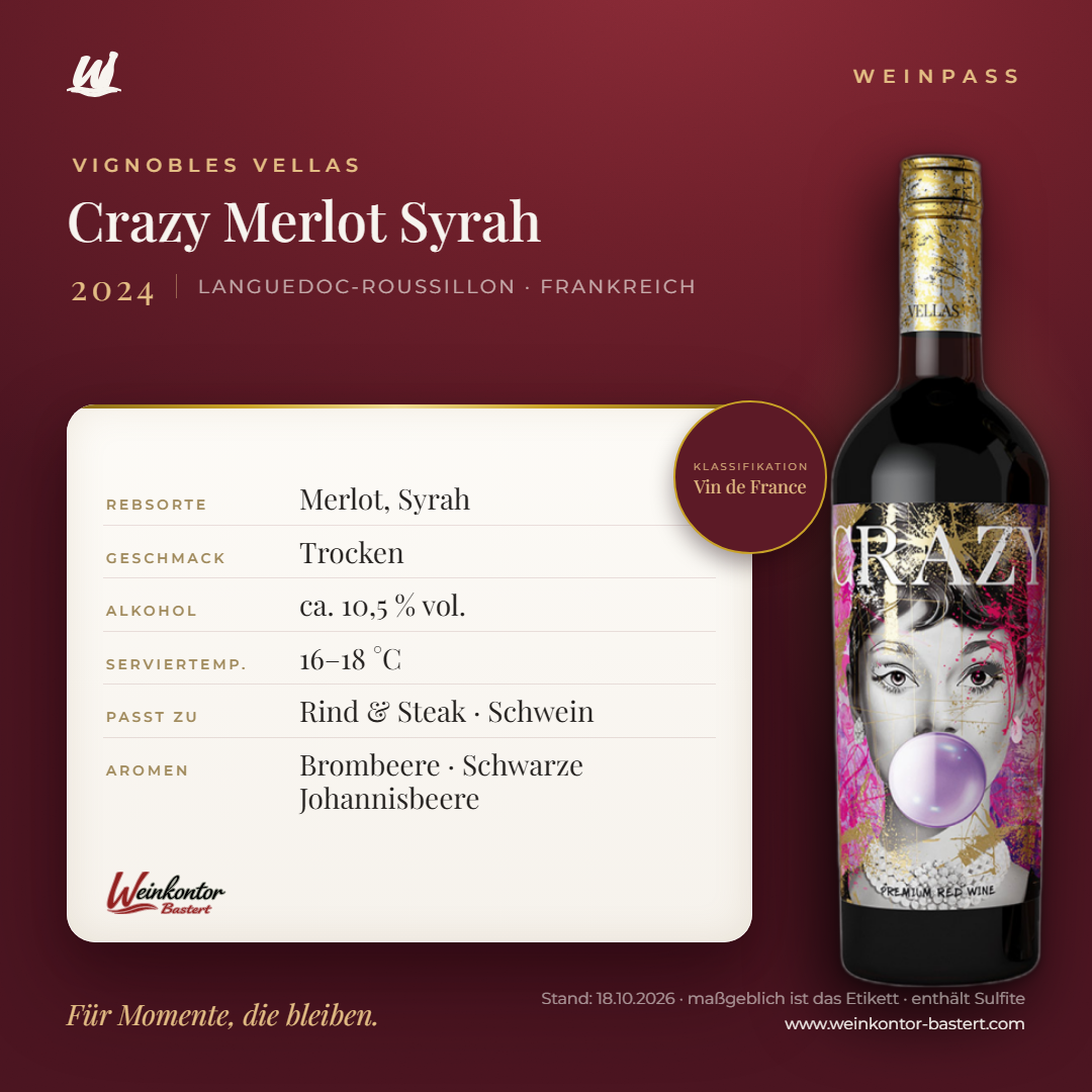 Crazy Merlot Syrah Vignobles Vellas – Languedoc-Roussillon – Weinpass | Weinkontor Bastert