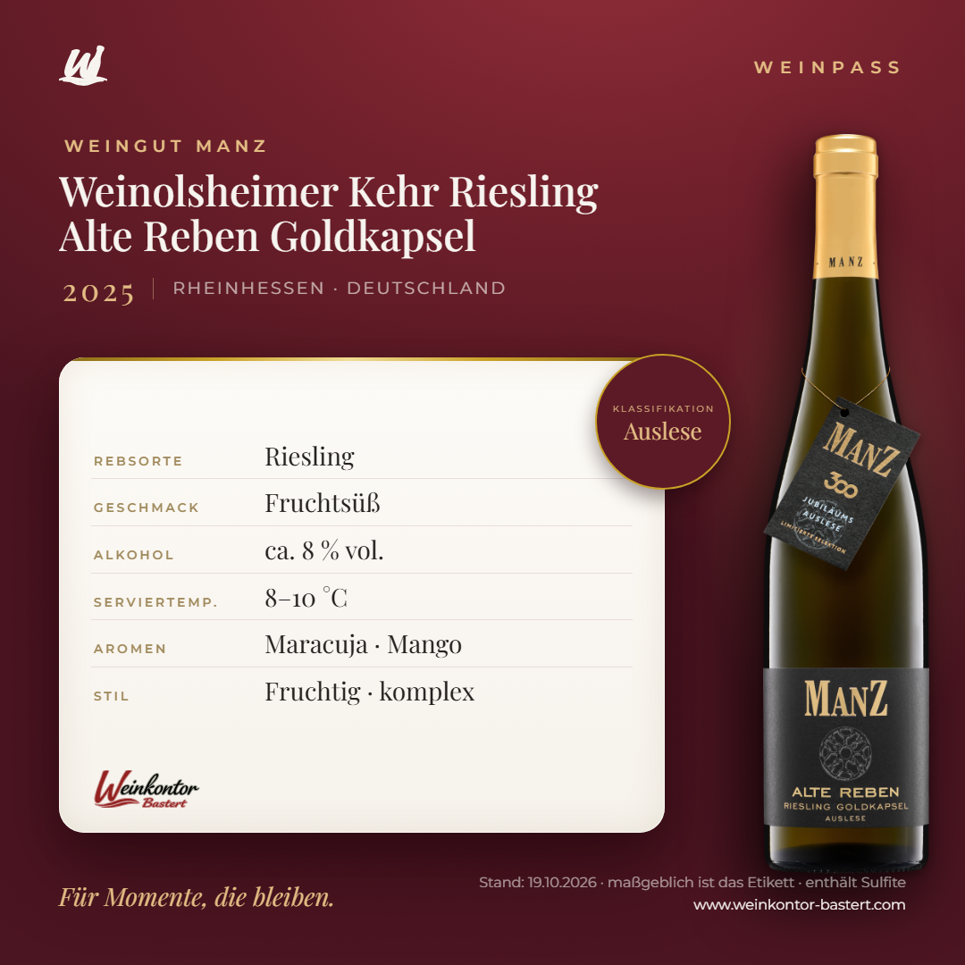 Weinolsheimer Kehr Riesling Auslese Alte Reben Goldkapsel Fruchtig Manz 6er-Karton – Rheinhessen – Weinpass | Weinkontor Bastert