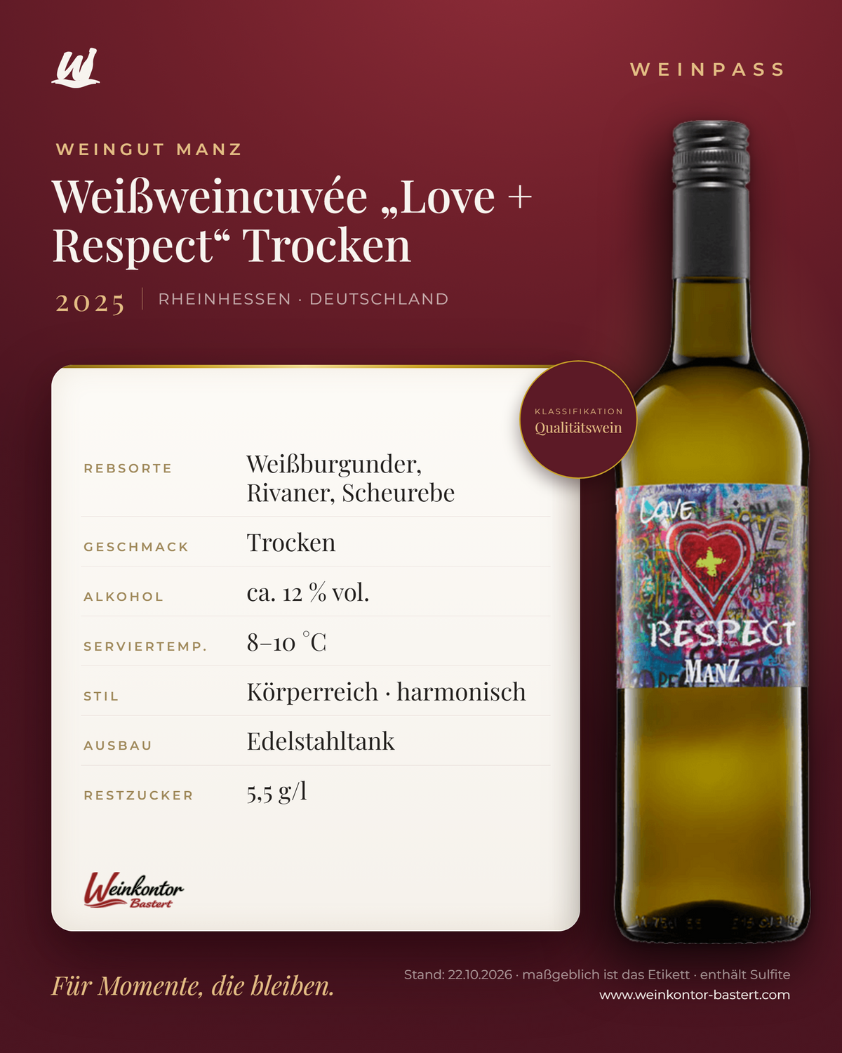 Weißweincuvée „Love + Respect“ Trocken Manz 6er-Karton – Rheinhessen – Weinpass | Weinkontor Bastert