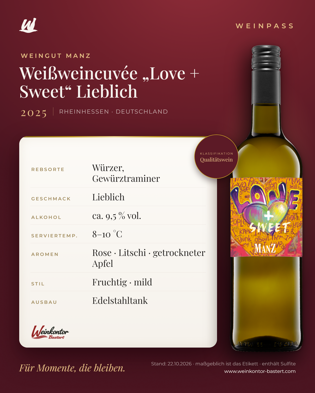 Weißweincuvée „Love + Sweet“ Lieblich Manz 6er-Karton – Rheinhessen – Weinpass | Weinkontor Bastert