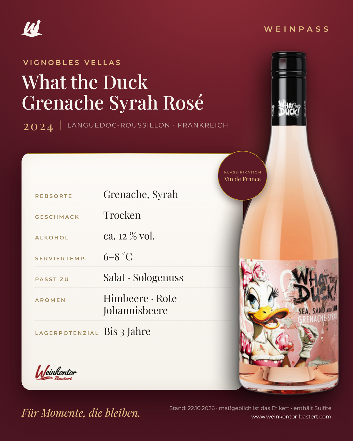 What the Duck Grenache Syrah Rosé Vignobles Vellas – Languedoc-Roussillon – Weinpass | Weinkontor Bastert