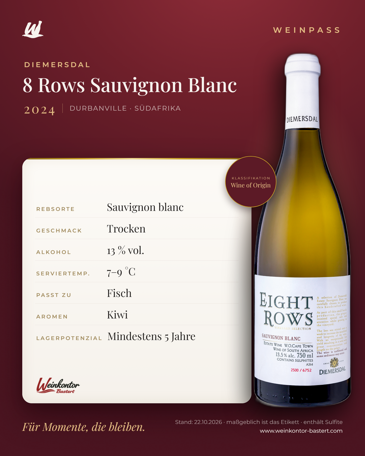 8 Rows Sauvignon Blanc Diemersdal – Durbanville – Weinpass | Weinkontor Bastert