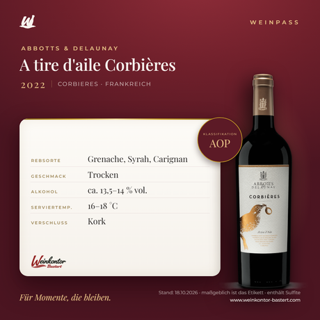 A tire d'aile Corbières AOP Abbotts & Delaunay – Languedoc-Roussillon – Weinpass | Weinkontor Bastert