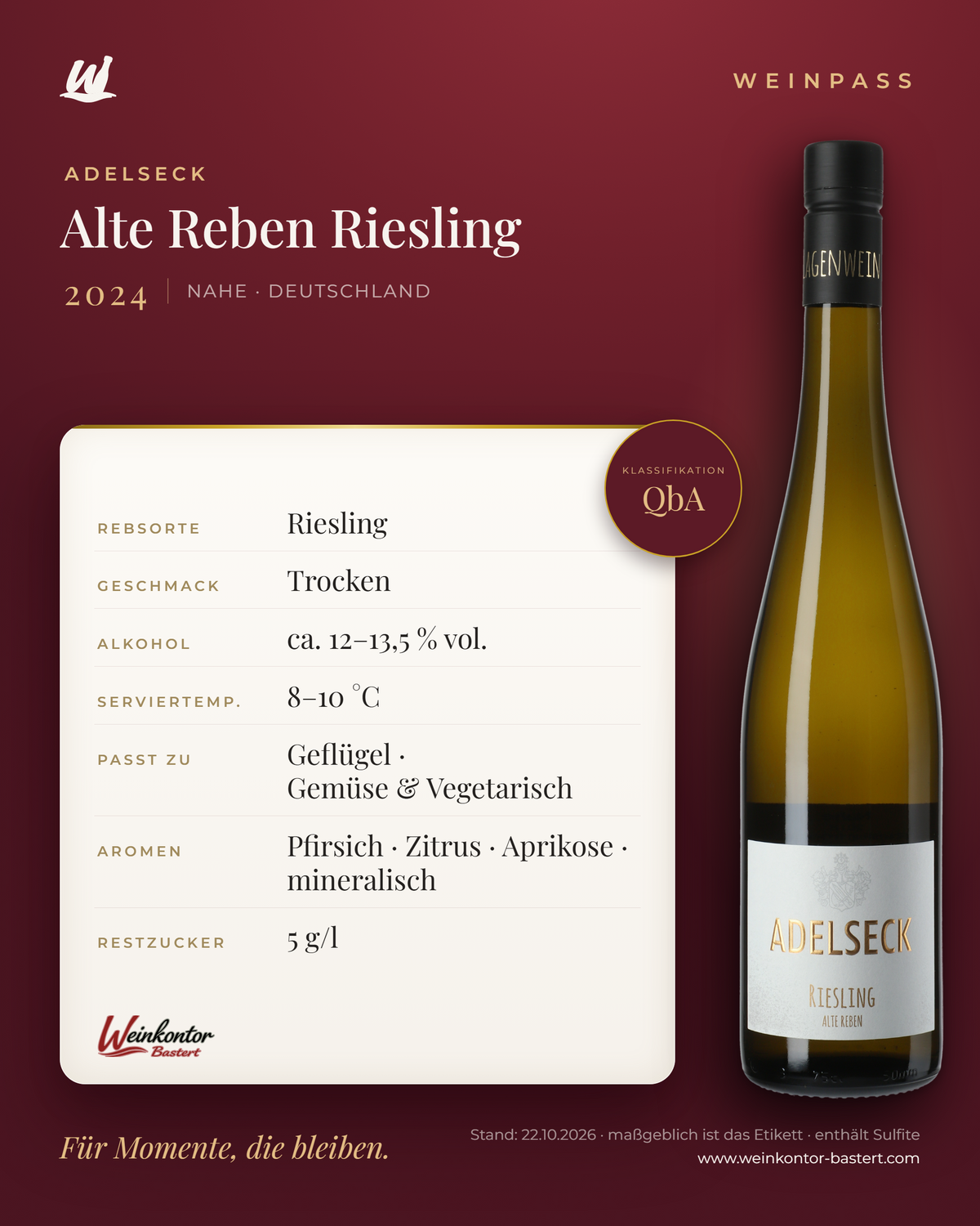 Alte Reben Riesling Adelseck QbA – Nahe – Weinpass | Weinkontor Bastert