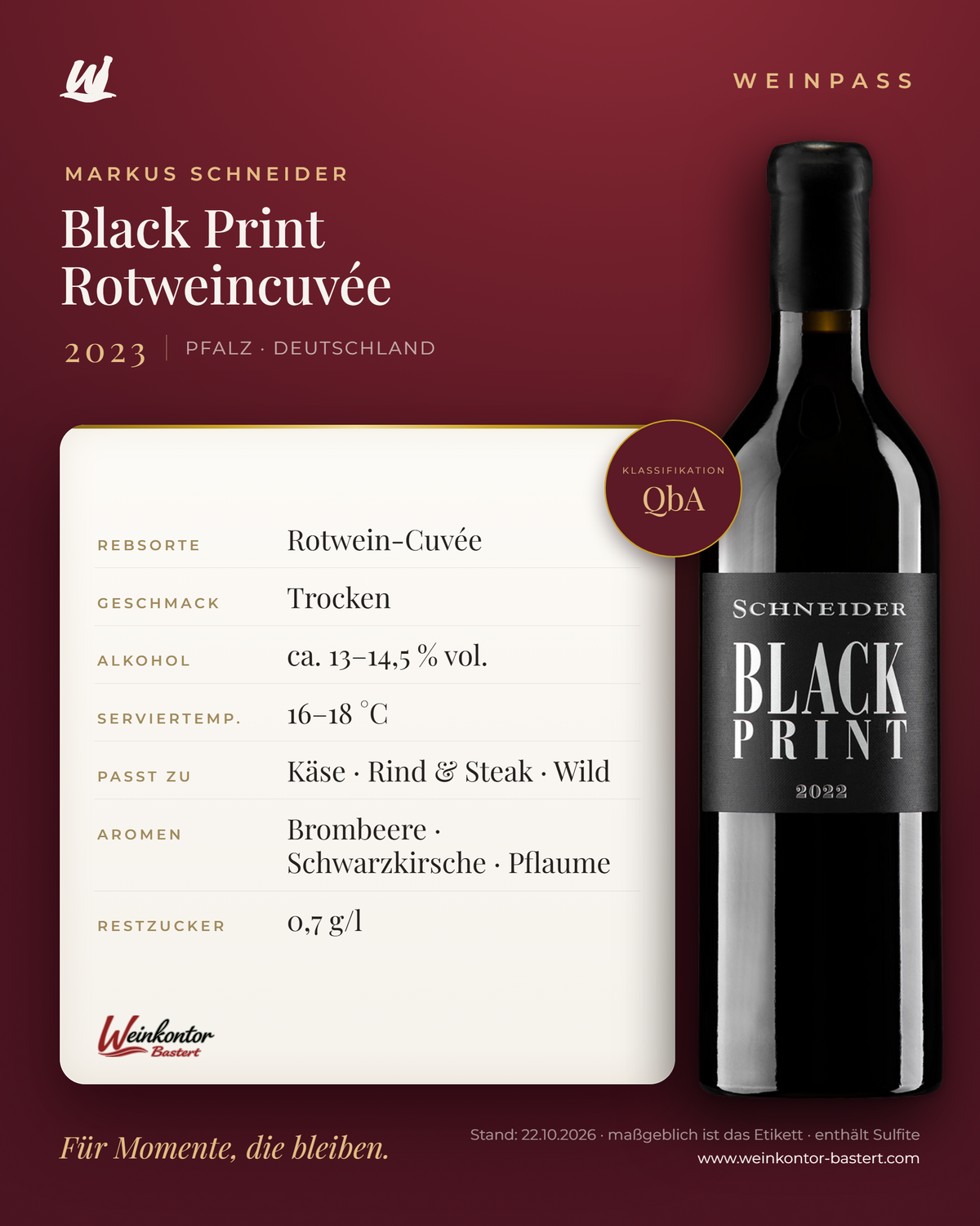 Black Print Rotweincuvée Markus Schneider QbA – Pfalz – Weinpass | Weinkontor Bastert