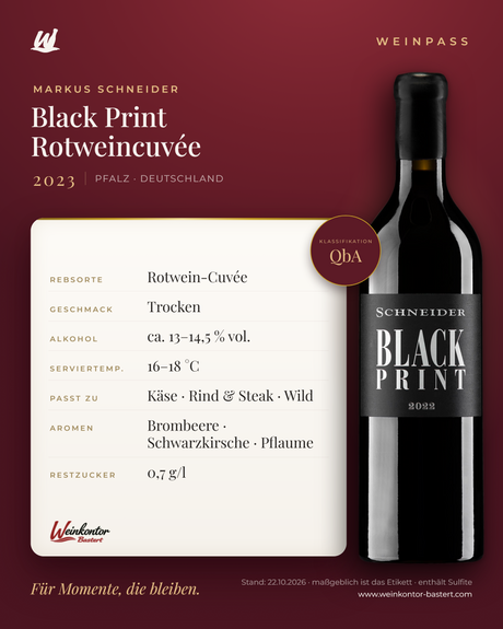 Black Print Rotweincuvée Markus Schneider QbA – Pfalz – Weinpass | Weinkontor Bastert
