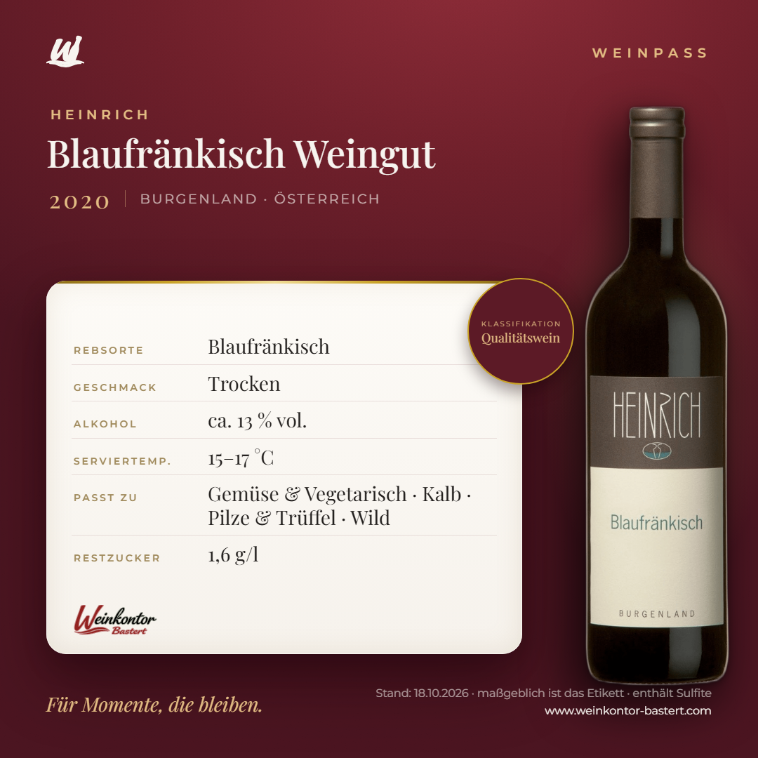 Blaufränkisch Weingut Heinrich Qualitätswein – Burgenland – Weinpass | Weinkontor Bastert