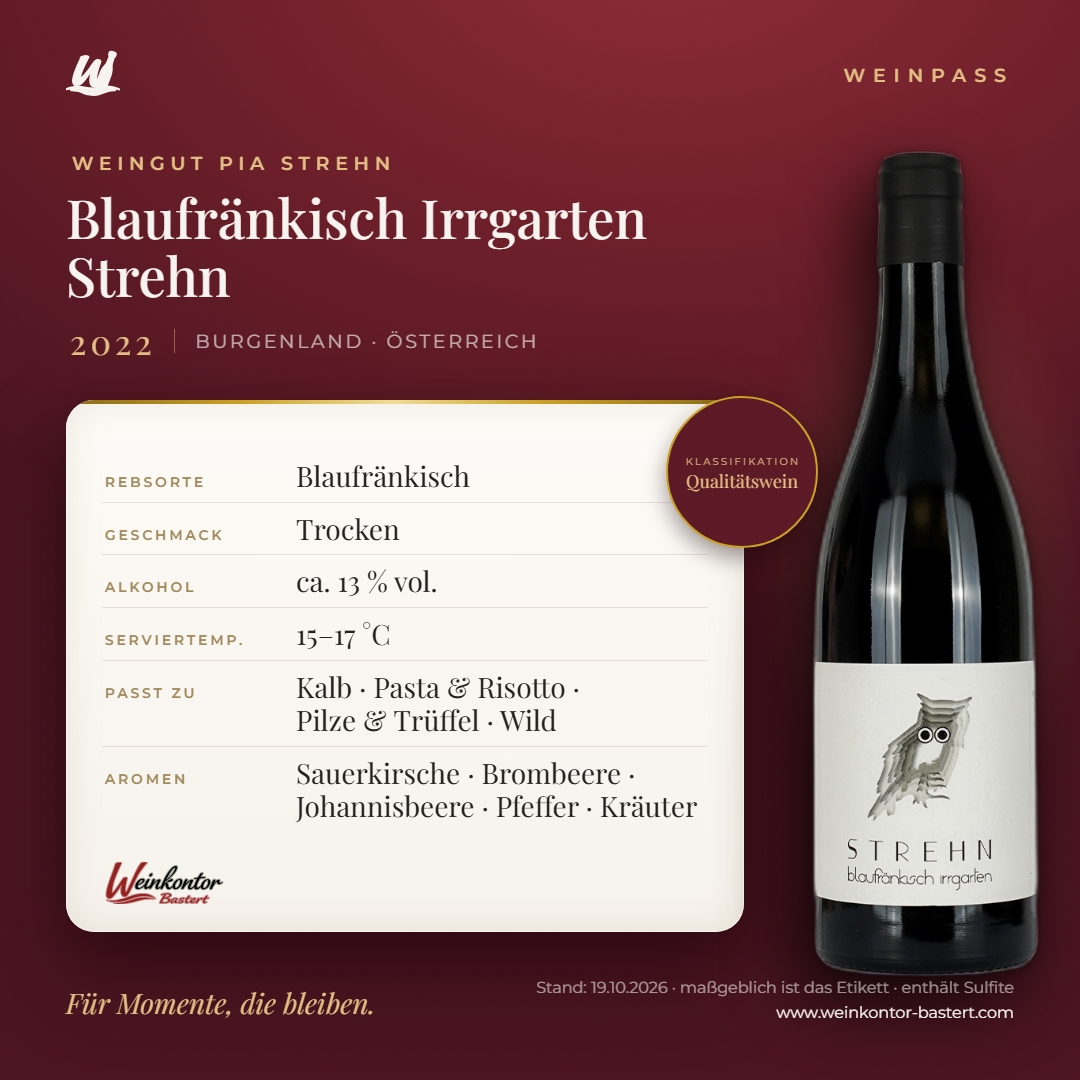 Blaufränkisch Irrgarten Strehn Qualitätswein – Burgenland – Weinpass | Weinkontor Bastert