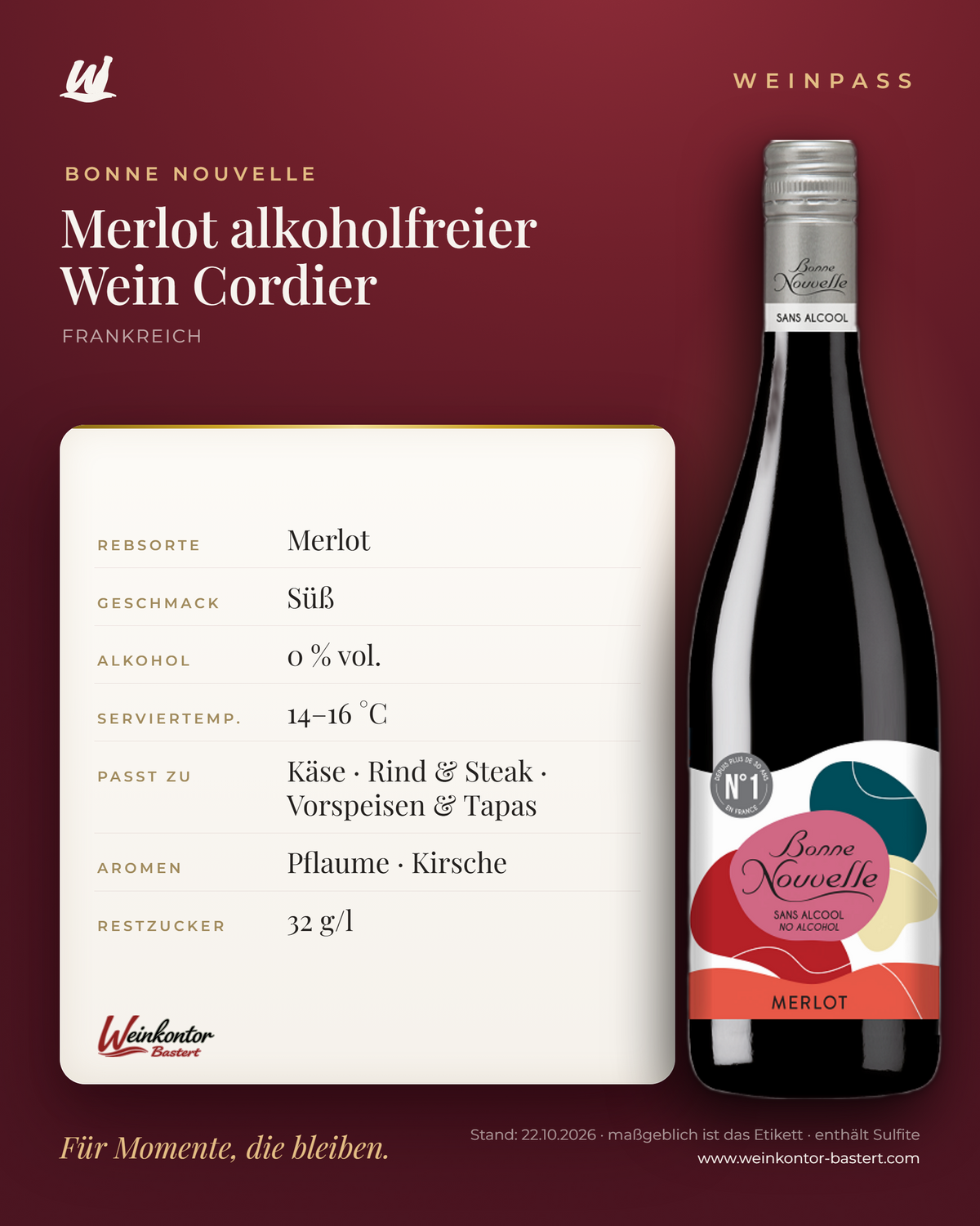 Bonne Nouvelle Merlot alkoholfreier Wein Cordier – Vin de France – Weinpass | Weinkontor Bastert