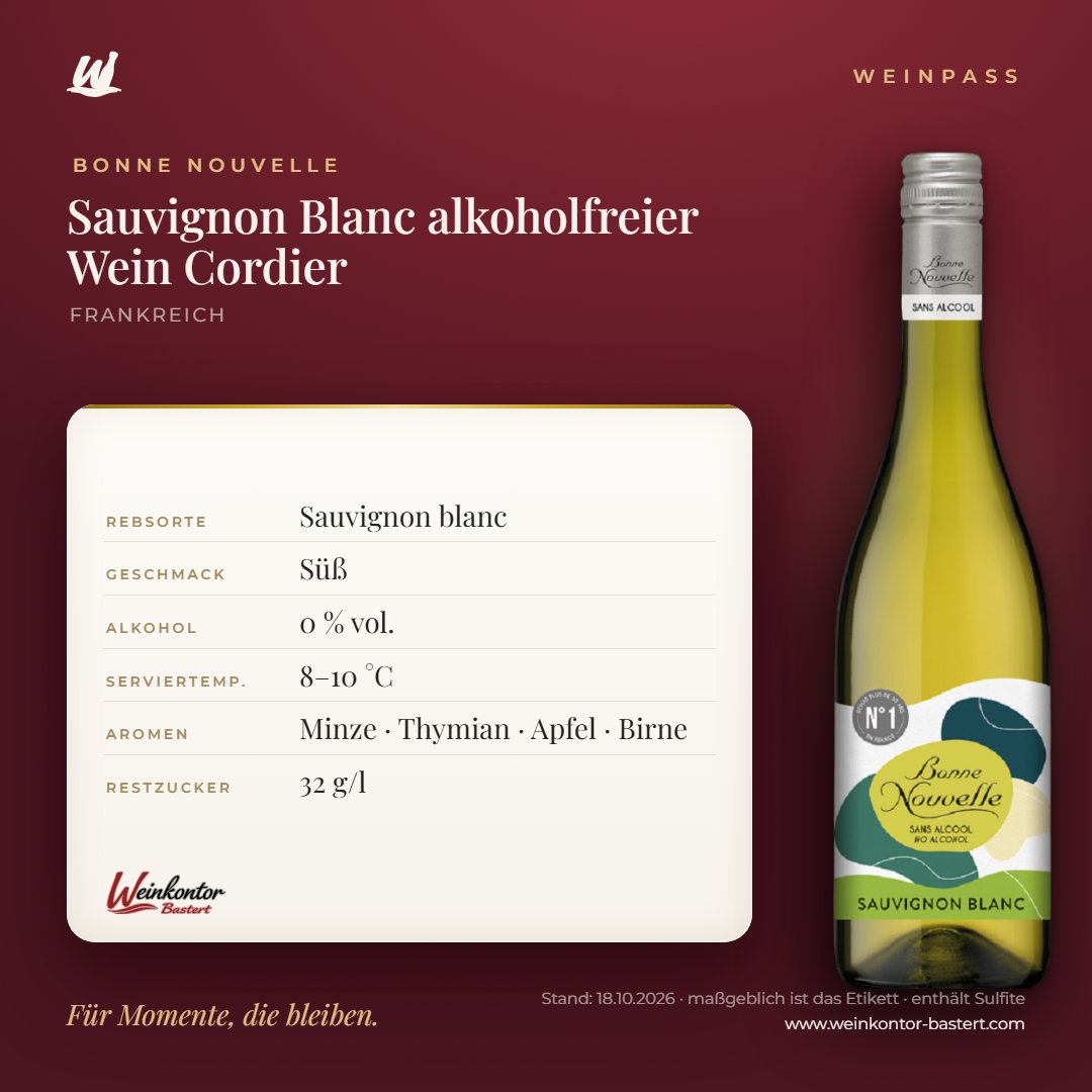 Bonne Nouvelle Sauvignon Blanc alkoholfreier Wein Cordier – Vin de France – Weinpass | Weinkontor Bastert