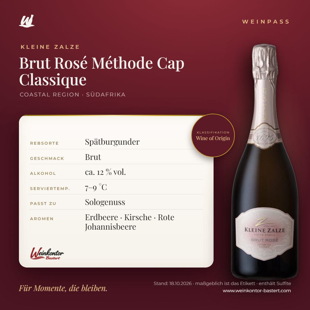 Brut Rosé Méthode Cap Classique Kleine Zalze – Coastal Region – Weinpass | Weinkontor Bastert
