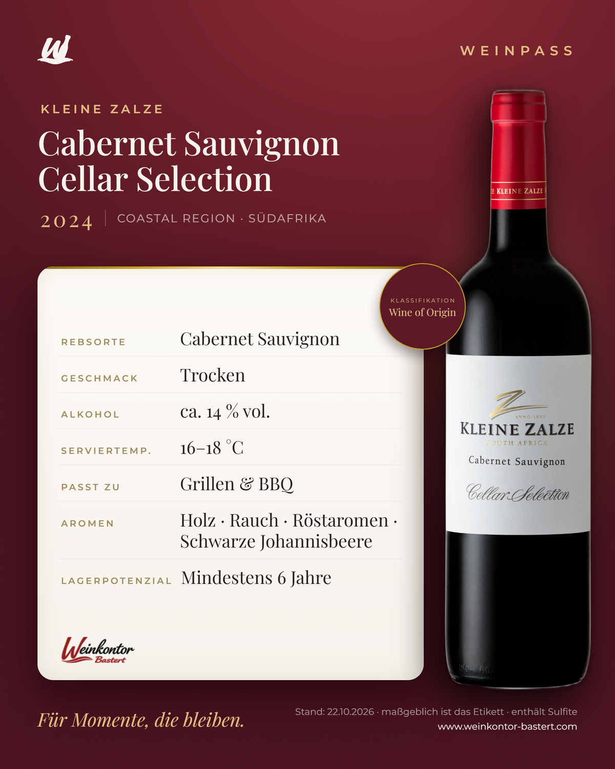 Cabernet Sauvignon Cellar Selection Kleine Zalze – Coastal Region – Weinpass | Weinkontor Bastert
