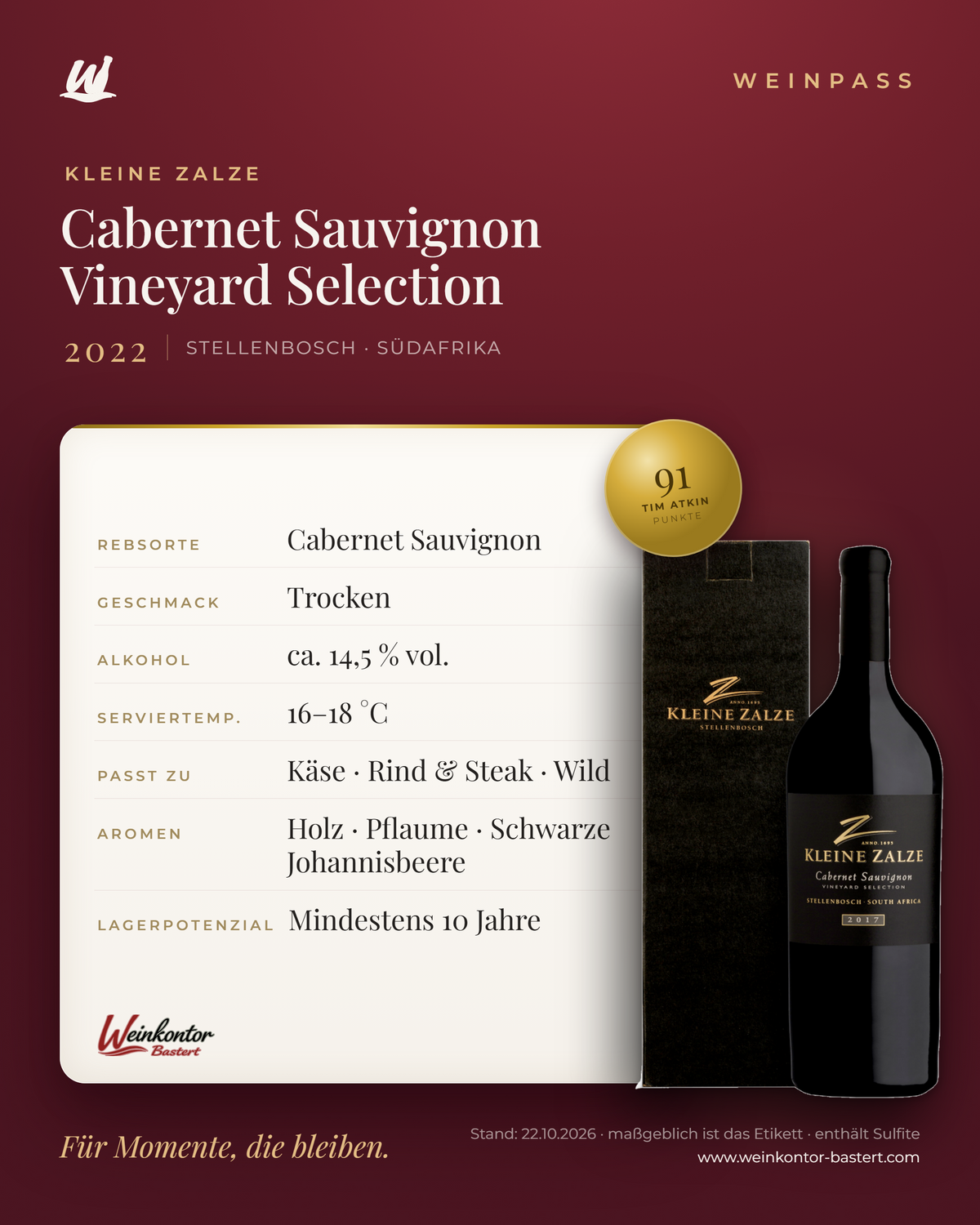Cabernet Sauvignon Vineyard Selection Kleine Zalze – Stellenbosch – Weinpass | Weinkontor Bastert