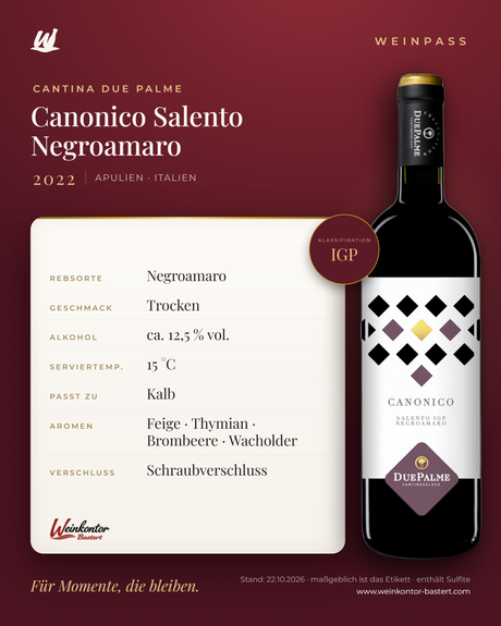 Canonico Salento IGP Negroamaro Cantina Due Palme – Apulien – Weinpass | Weinkontor Bastert