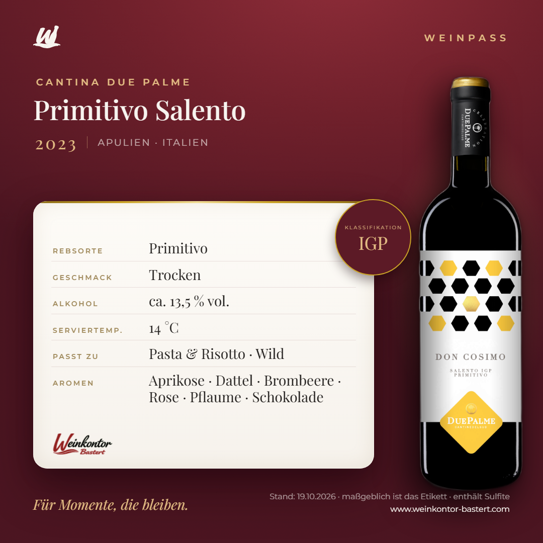Primitivo Salento IGP Cantina Due Palme – Apulien – Weinpass | Weinkontor Bastert