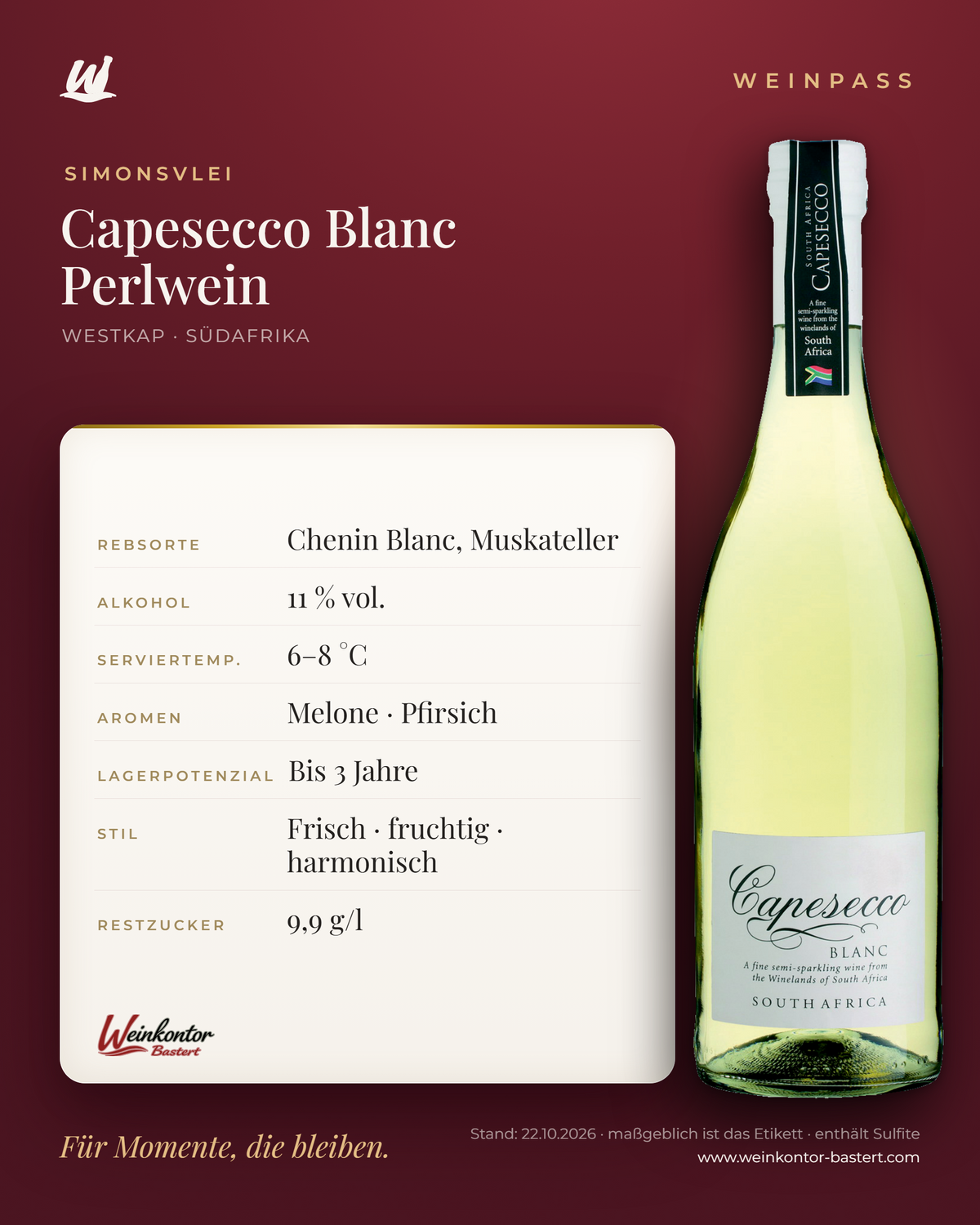Capesecco Blanc Perlwein – Westkap – Weinpass | Weinkontor Bastert