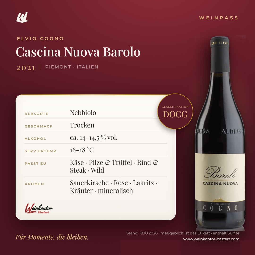 Cascina Nuova Barolo DOCG Elvio Cogno – Piemont – Weinpass | Weinkontor Bastert