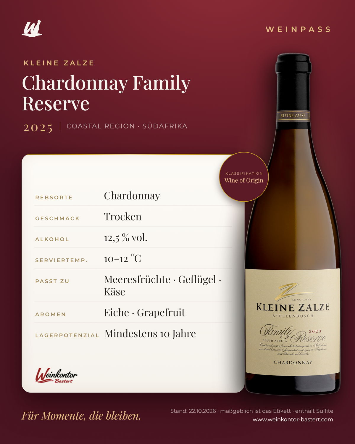 Chardonnay Family Reserve Kleine Zalze – Coastal Region – Weinpass | Weinkontor Bastert