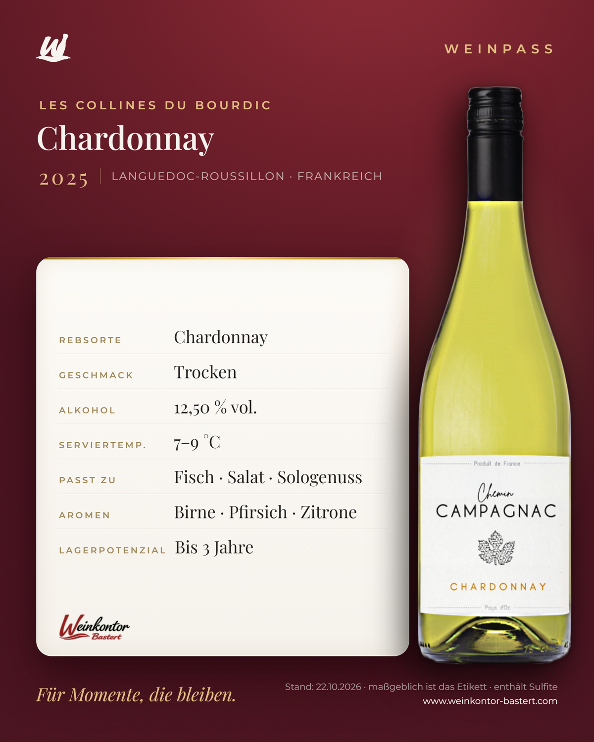 Chardonnay Les Collines du Bourdic – Languedoc-Roussillon – Weinpass | Weinkontor Bastert