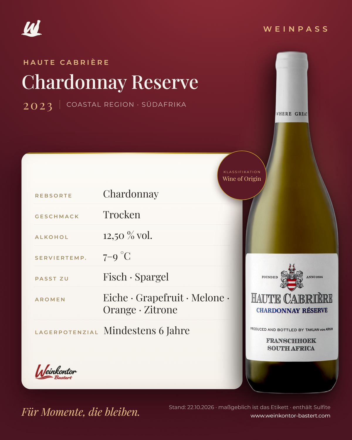 Chardonnay Reserve Haute Cabrière – Coastal Region – Weinpass | Weinkontor Bastert