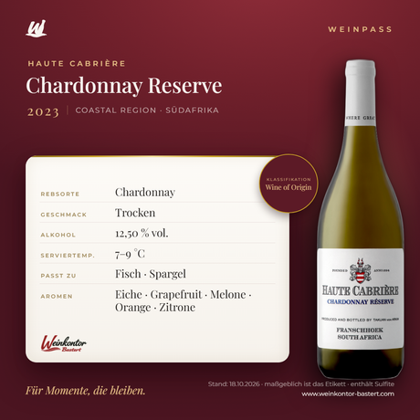Chardonnay Reserve Haute Cabrière – Coastal Region – Weinpass | Weinkontor Bastert