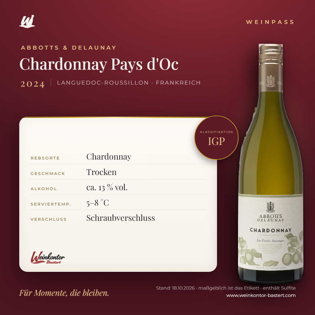 Chardonnay Pays d'Oc Abbotts & Delaunay IGP – Languedoc-Roussillon – Weinpass | Weinkontor Bastert