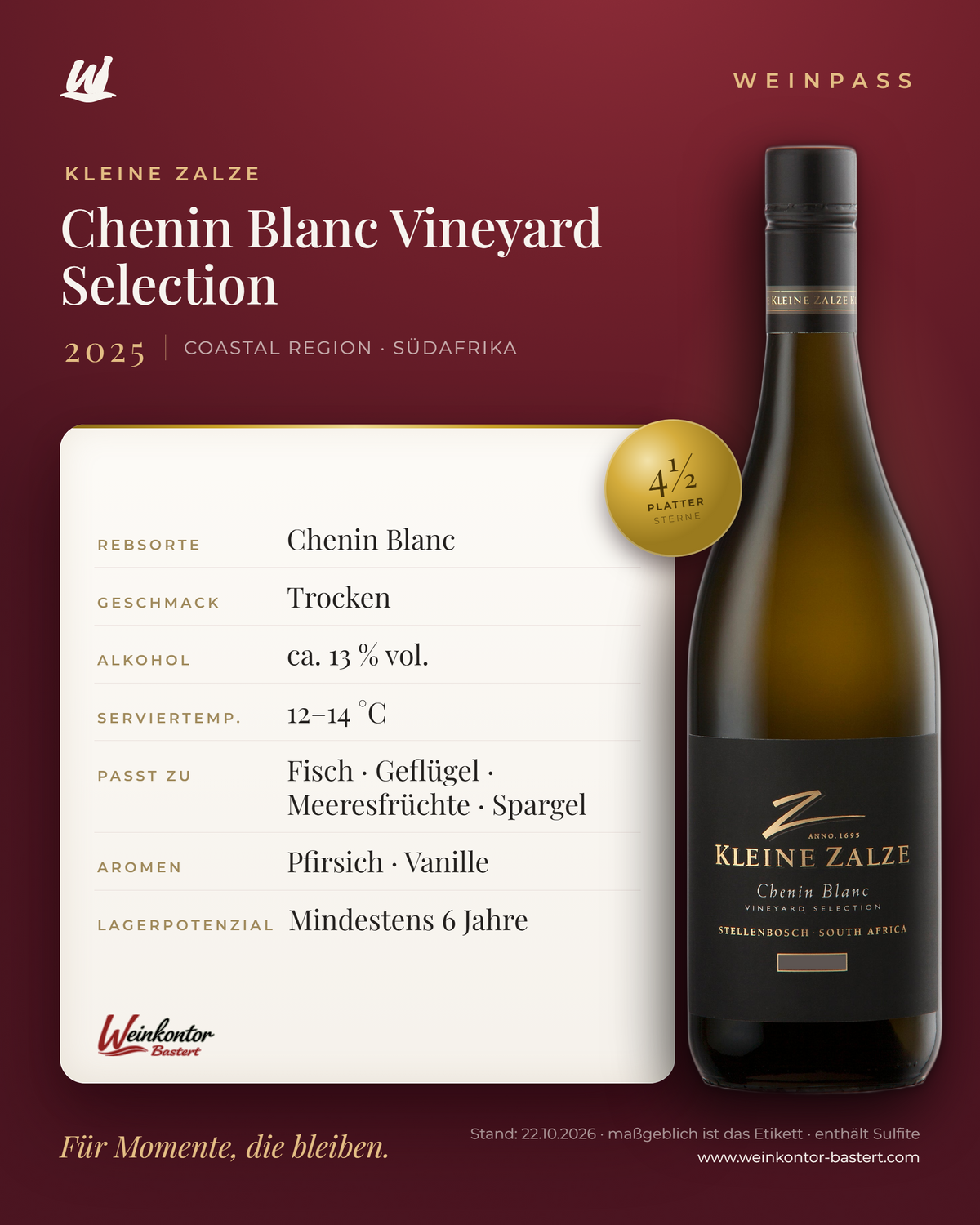 Chenin Blanc Vineyard Selection Kleine Zalze – Coastal Region – Weinpass | Weinkontor Bastert