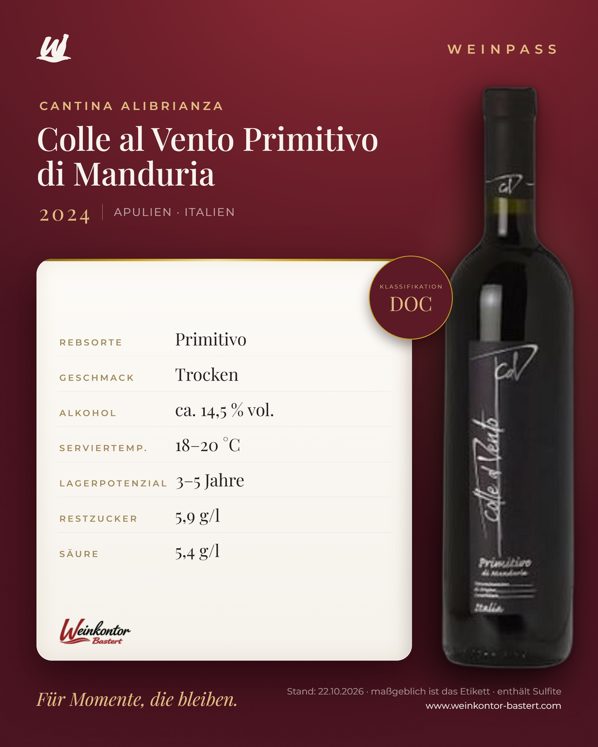 Colle al Vento Primitivo di Manduria Cantina Alibrianza DOC – Apulien – Weinpass | Weinkontor Bastert
