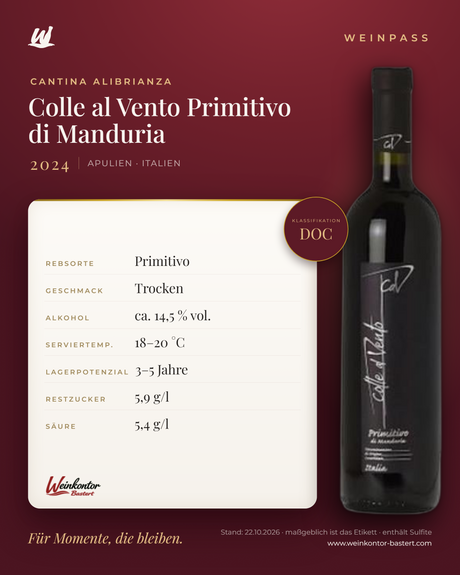 Colle al Vento Primitivo di Manduria Cantina Alibrianza DOC – Apulien – Weinpass | Weinkontor Bastert