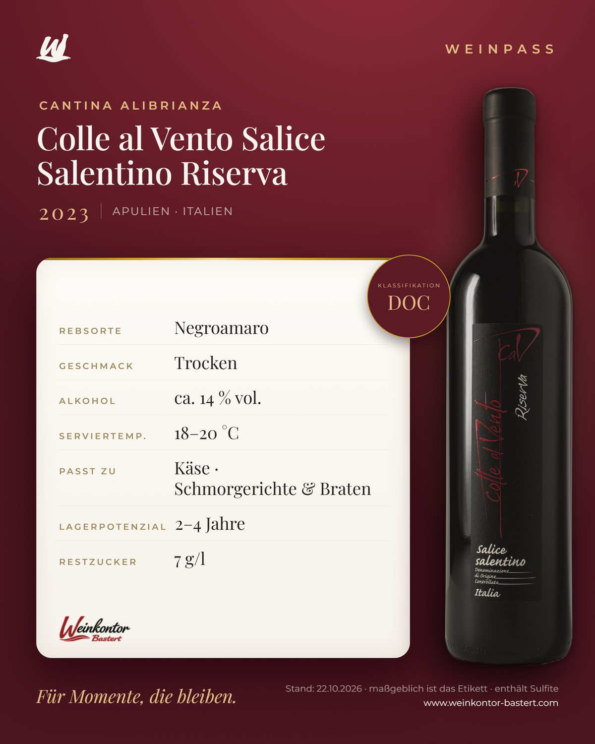 Colle al Vento Salice Salentino Riserva Cantina Alibrianza DOC – Apulien – Weinpass | Weinkontor Bastert