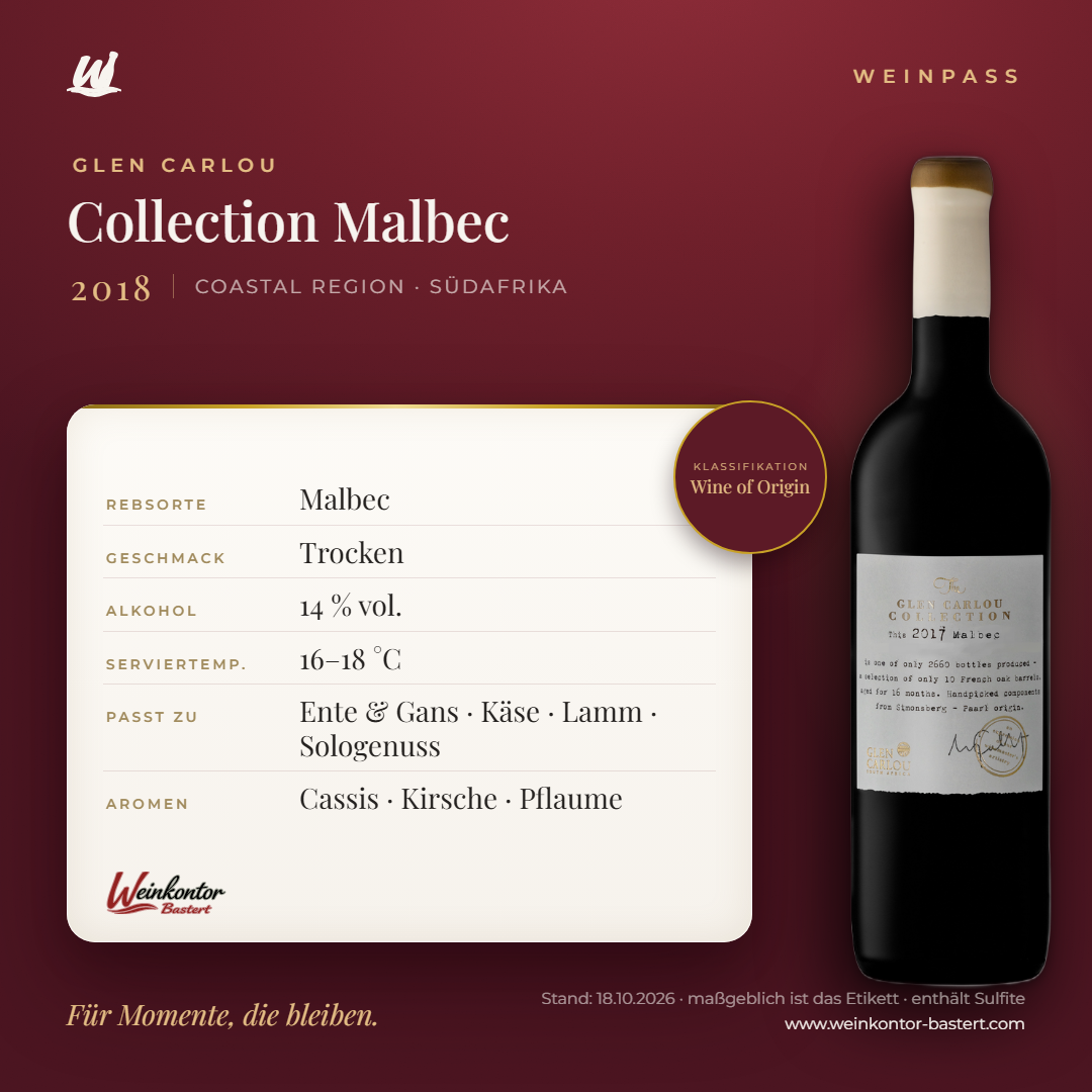Collection Malbec Glen Carlou – Coastal Region – Weinpass | Weinkontor Bastert