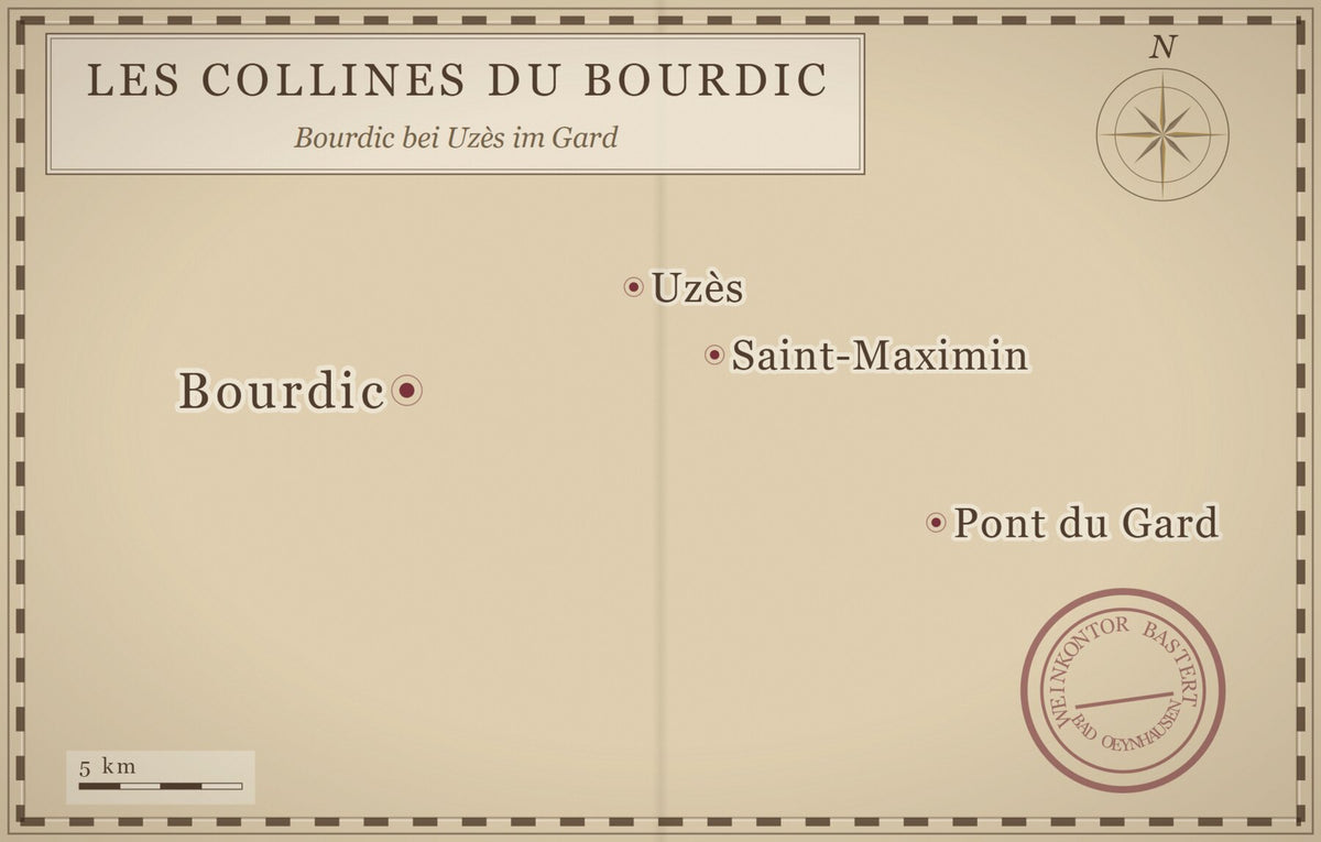 Karte der Gegend um Uzès mit Saint-Maximin, Pont du Gard und Bourdic, wo die Genossenschaft Les Collines du Bourdic ihre Kellerei hat