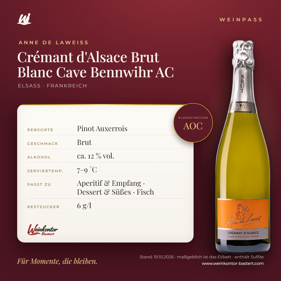 Crémant d'Alsace Brut Blanc Cave Bennwihr AC – Elsass – Weinpass | Weinkontor Bastert