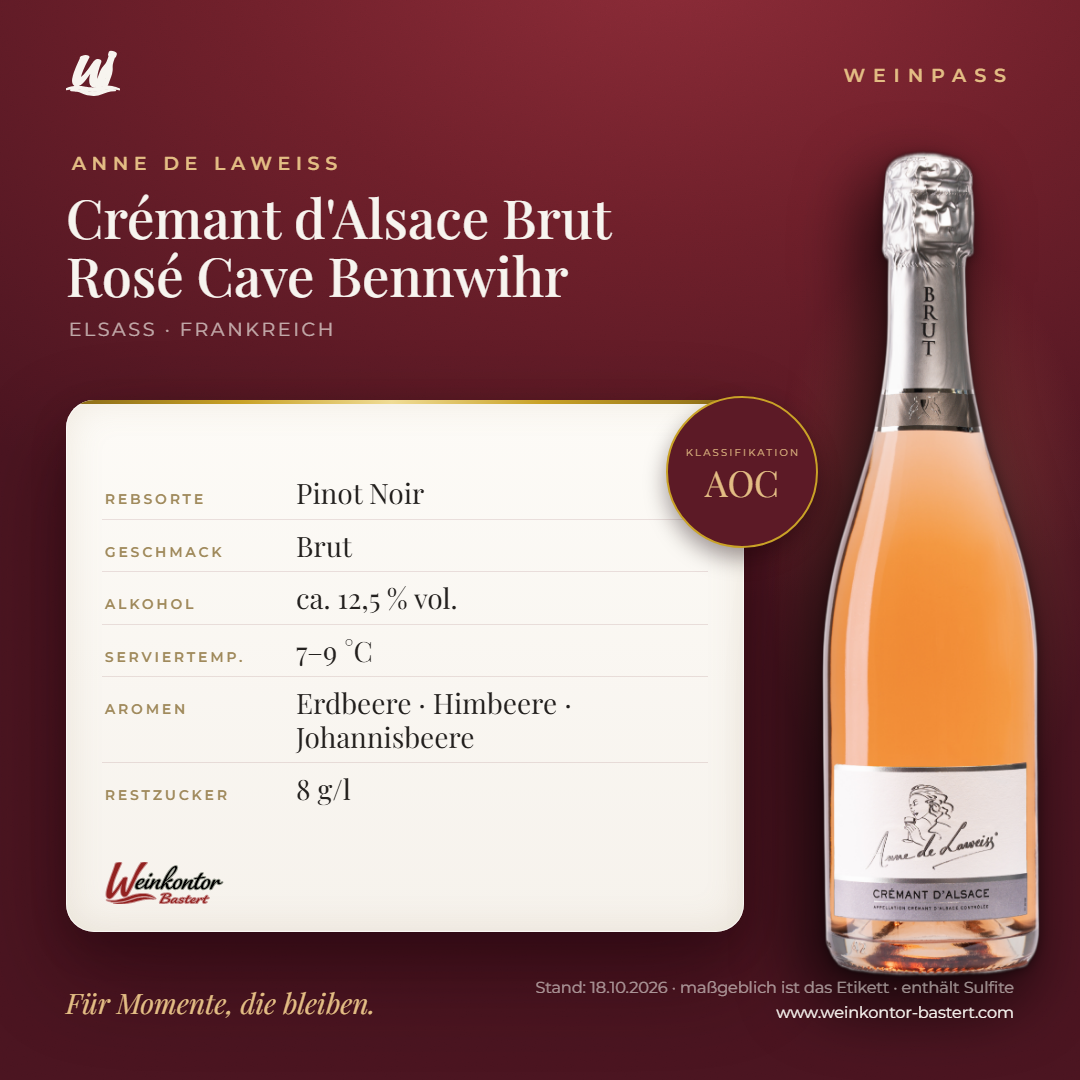 Crémant d'Alsace Brut Rosé Cave Bennwihr AOC – Elsass – Weinpass | Weinkontor Bastert