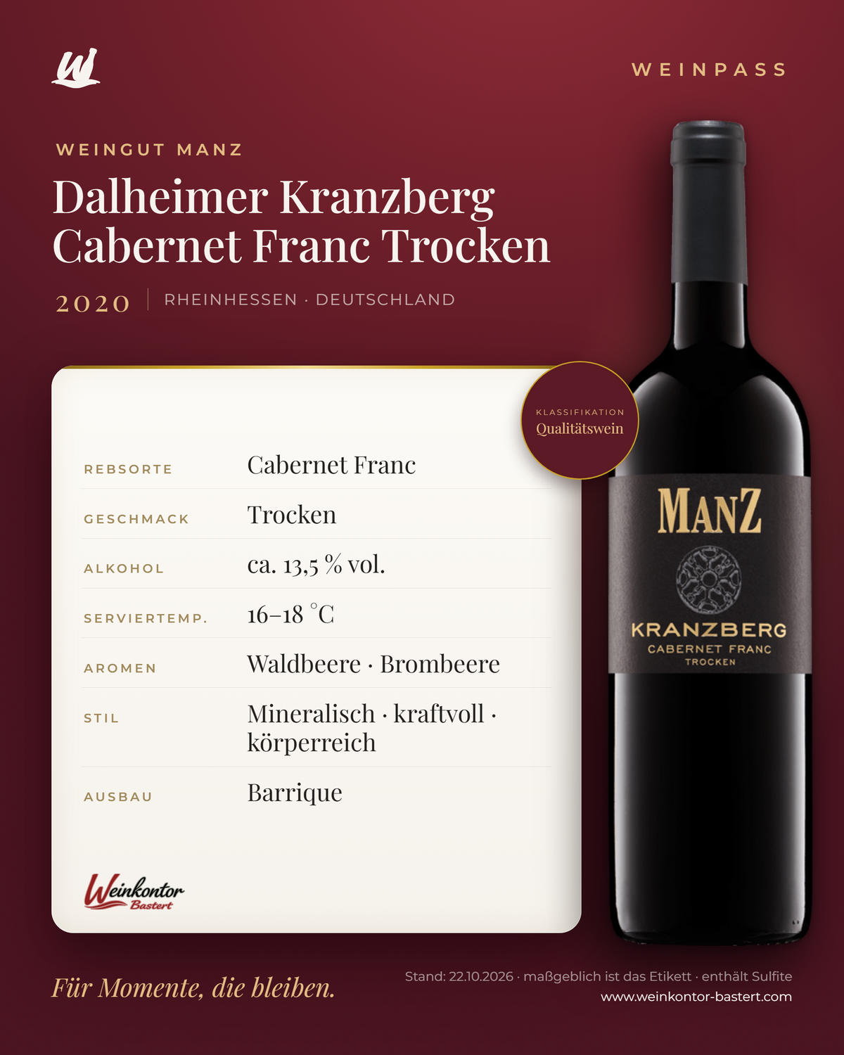 Dalheimer Kranzberg Cabernet Franc Trocken Manz 6er-Karton – Rheinhessen – Weinpass | Weinkontor Bastert