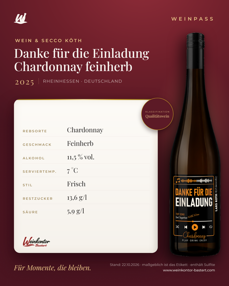 Danke für die Einladung Chardonnay feinherb Lars Köth Next Generation – Rheinhessen – Weinpass | Weinkontor Bastert