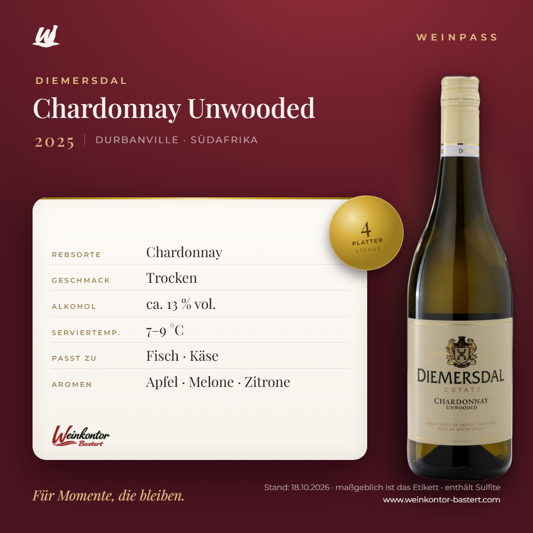 Diemersdal Chardonnay Unwooded – Durbanville – Weinpass | Weinkontor Bastert