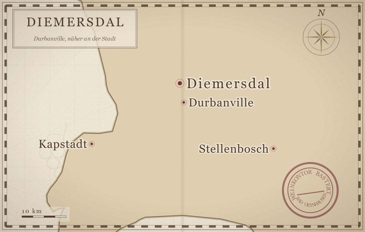 Karte der Umgebung mit Kapstadt, Stellenbosch, Durbanville; der hervorgehobene Punkt markiert das Weingut Diemersdal bei Durbanville