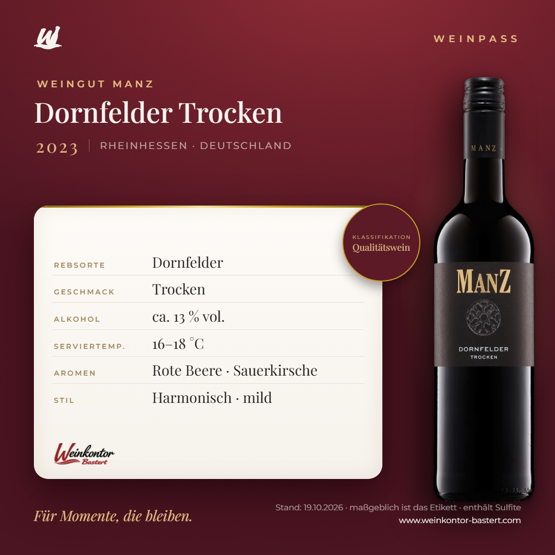 Dornfelder Trocken Manz 6er-Karton – Rheinhessen – Weinpass | Weinkontor Bastert