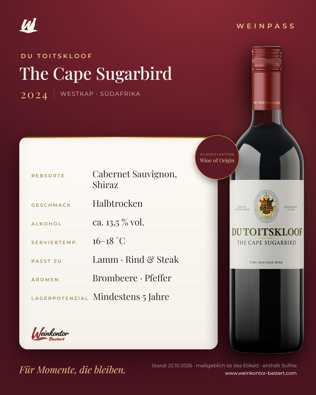 Du Toitskloof The Cape Sugarbird – Westkap – Weinpass | Weinkontor Bastert