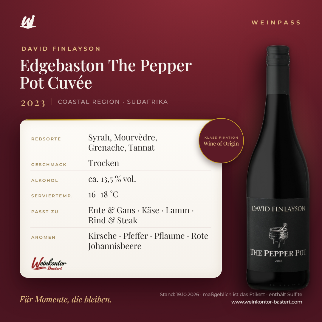 Edgebaston The Pepper Pot Cuvée David Finlayson – Coastal Region – Weinpass | Weinkontor Bastert