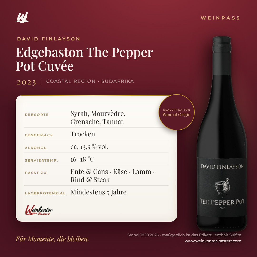 Edgebaston The Pepper Pot Cuvée David Finlayson – Coastal Region – Weinpass | Weinkontor Bastert