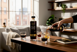 Flasche Punch Club Espresso Martini mit eingeschenkten Gläsern auf einem Couchtisch im Wohnzimmer