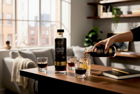 Flasche Punch Club Espresso Martini mit eingeschenkten Gläsern auf einem Couchtisch im Wohnzimmer
