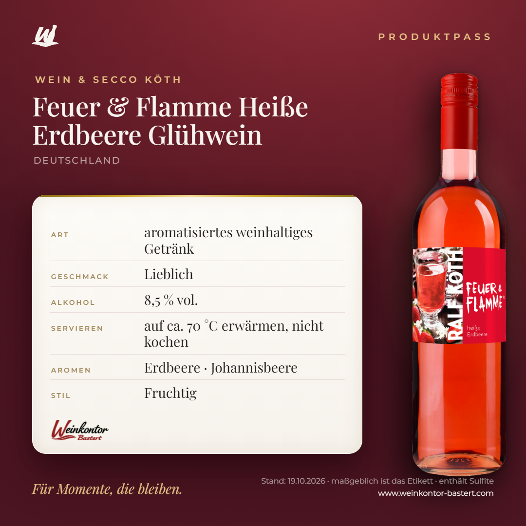 Feuer & Flamme Heiße Erdbeere Glühwein Ralf Köth – Produktpass | Weinkontor Bastert