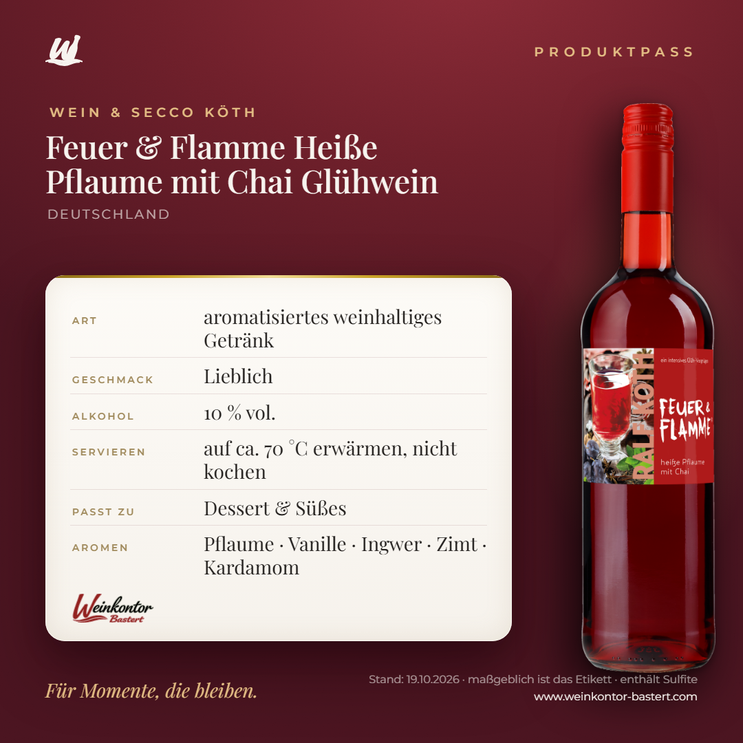 Feuer & Flamme Heiße Pflaume mit Chai Glühwein Ralf Köth – Produktpass | Weinkontor Bastert