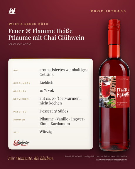 Feuer & Flamme Heiße Pflaume mit Chai Glühwein Ralf Köth – Produktpass | Weinkontor Bastert