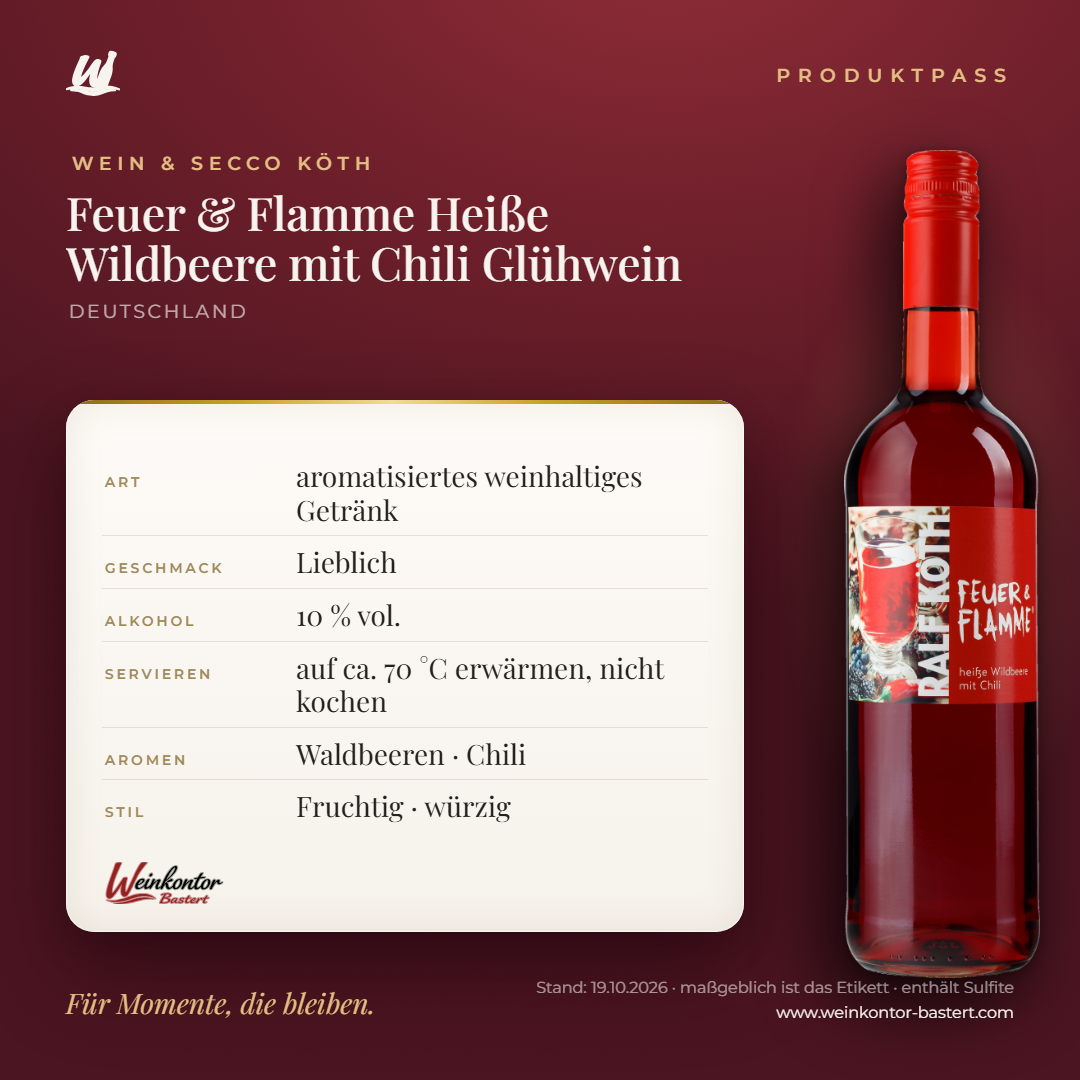 Feuer & Flamme Heiße Wildbeere mit Chili Glühwein Ralf Köth – Produktpass | Weinkontor Bastert